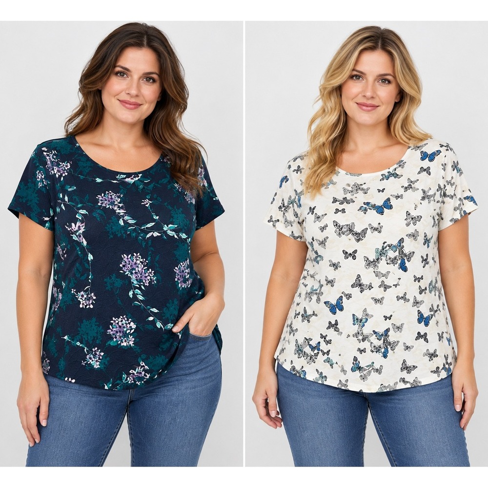 Croft & Barrow Womens 2X Short Sleeve Top Lot 2 Navy Floral White Butterfly Tee
